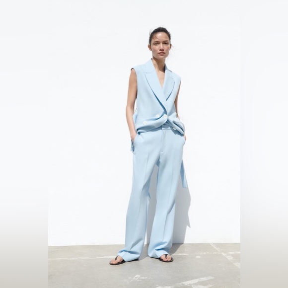 ZAra pants high waisted straight wide leg baby blue suit pants - Picture 2 of 7